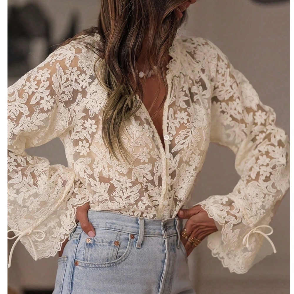 Guipure Lace on Mesh Cream V-Neck Floral Pattern Button Down Shirt